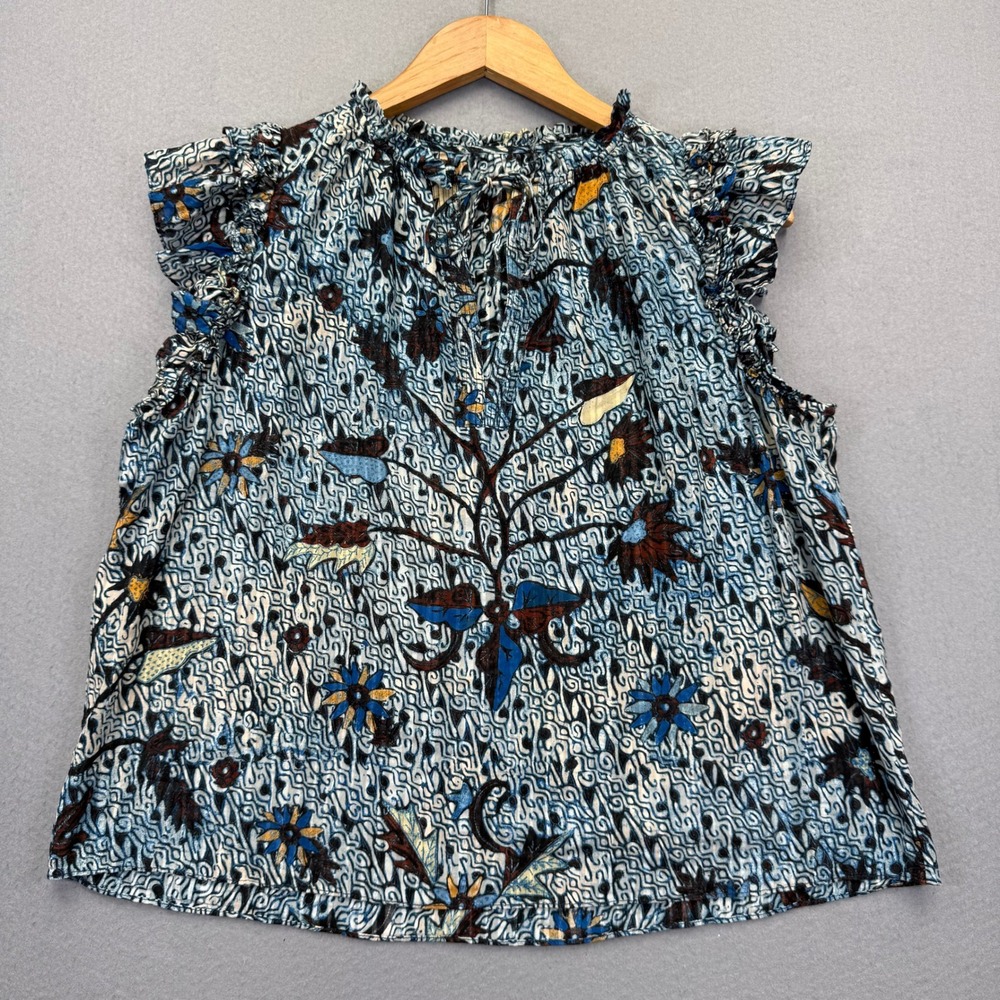 Ulla Johnson Blue Batik Floral Ruffle Cap Sleeve Cotton Viscose Top Size 10